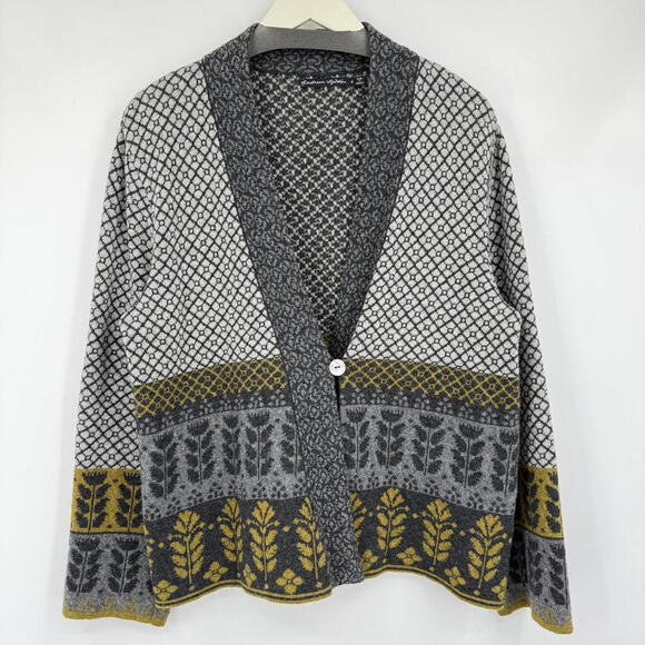 Women's Gudrun Sjoden Gray & Green Wool Blend Patterned Cardigan Medium - Picture 1 of 4